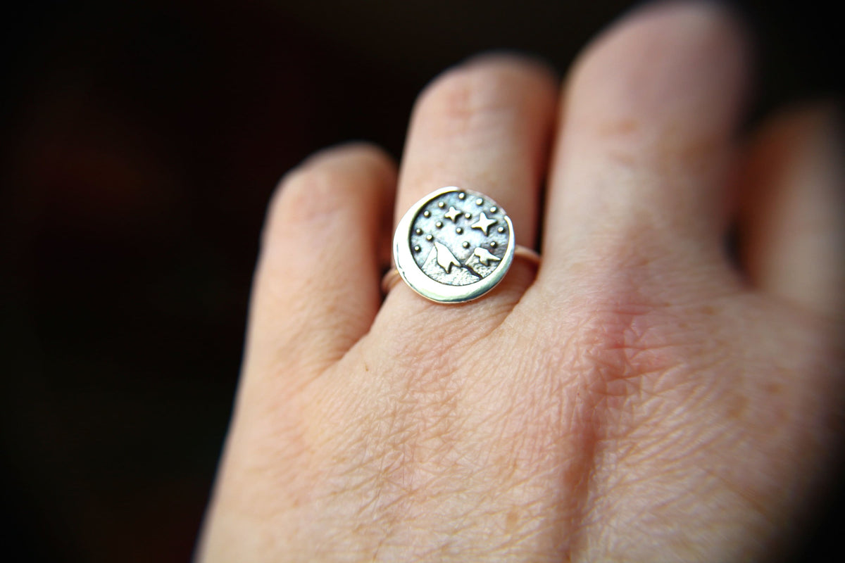 Mountain Ring, Mountain Moon Ring, Crescent Moon Ring, Landscape Ring, Circle Moon Ring, Crescent Moon, Moon Jewelry, Mountain Jewelry, Gift