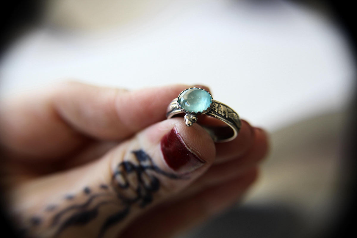 Oval Aquamarine Floral Stacking Ring, Aquamarine Ring, Natural Gemstone Ring, March Birthstone, Aquamarine, Gemstone Stacking Ring,Aqua,Gift