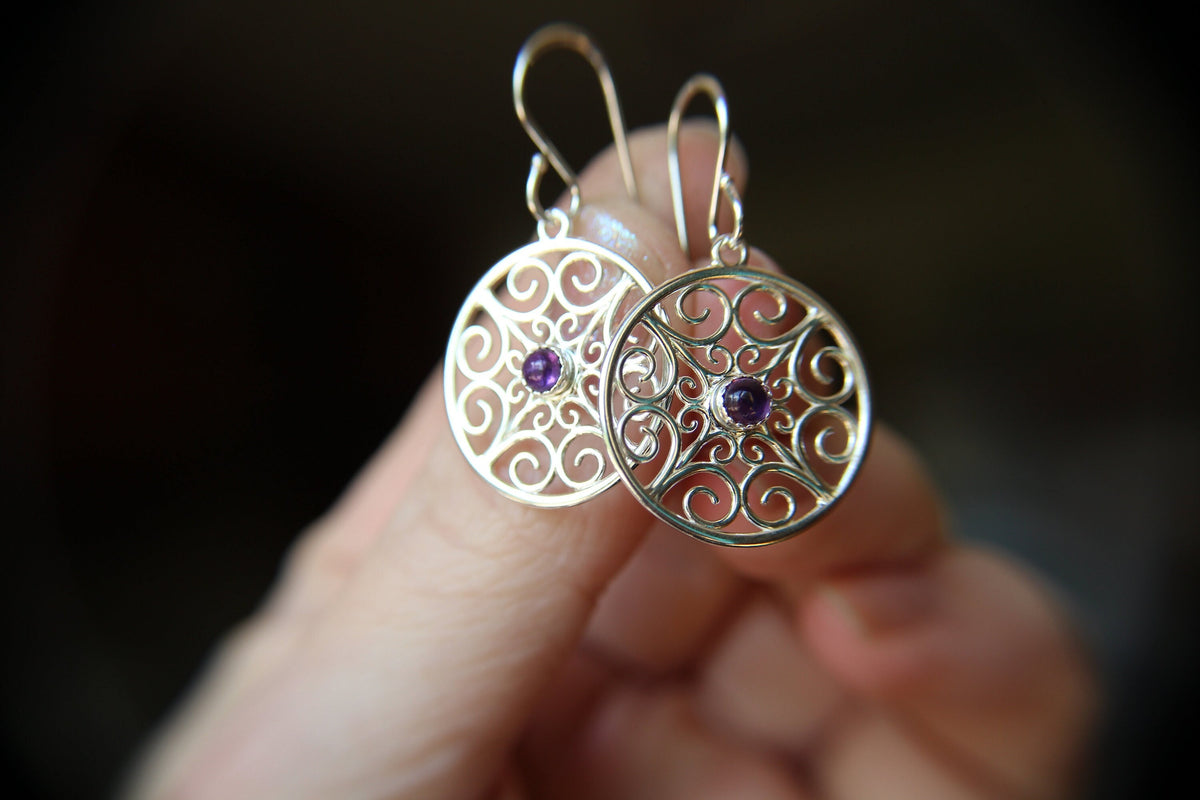Sterling Silver Filigree Earring, Drop Earring, Amethyst Earrings, Boho Earrings, Simple Chic Earrings, Modern Style Filigree Earring