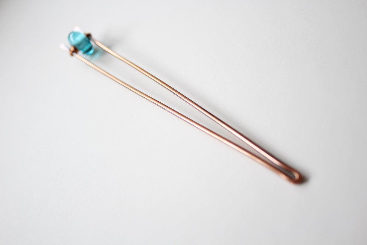 Blue Lampwork Glass Copper Hair Fork, Lampwork Glass Hair Pin, Blue Lampwork Glass Bead, V Shaped Hair Pin, Lampwork Glass Hair Stick, Gift