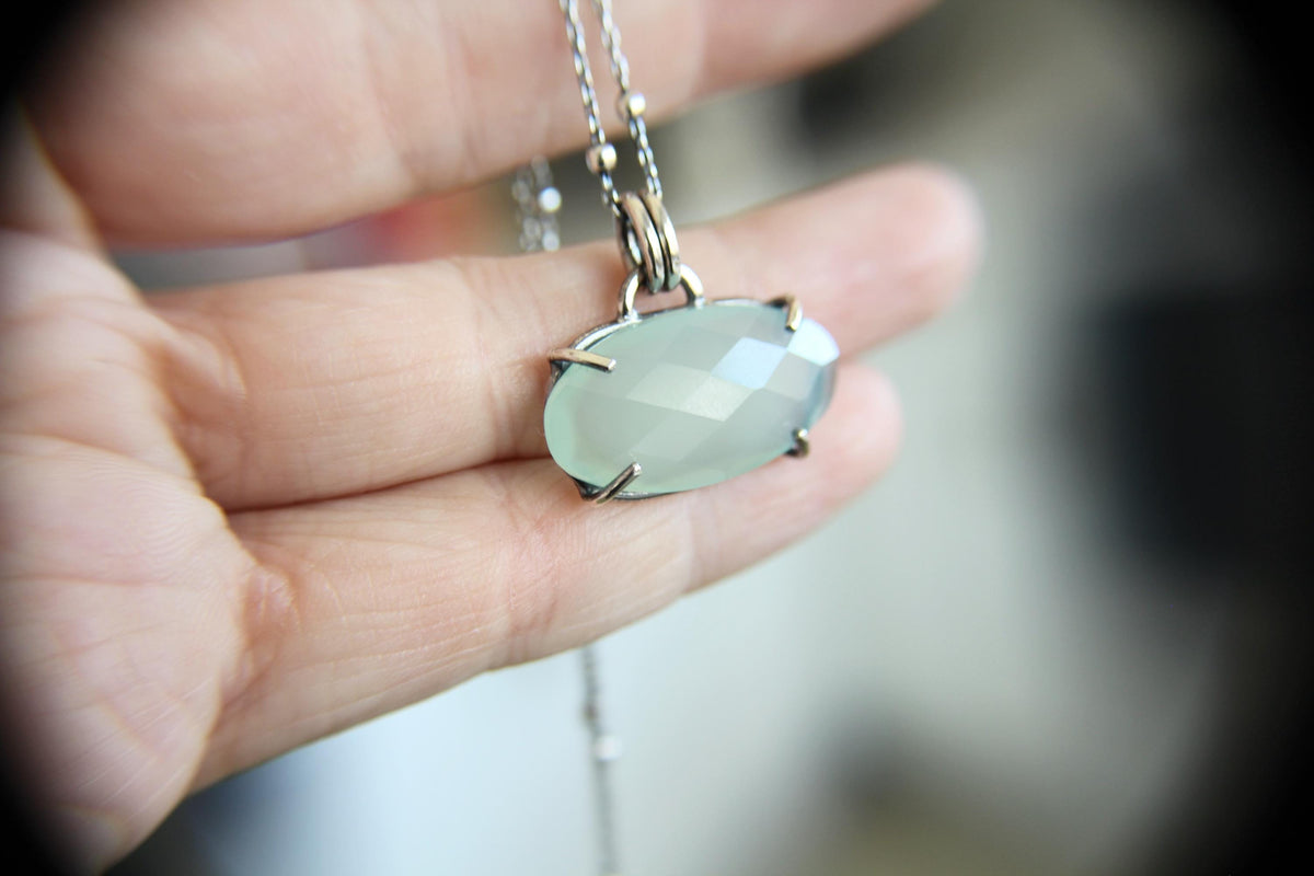 Oval Aqua Chalcedony Necklace, Chalcedony Necklace, Oval Chalcedony, Aqua Gemstone, Sea Blue Chalcedony, Chalcedony Pendant Necklace, Gift