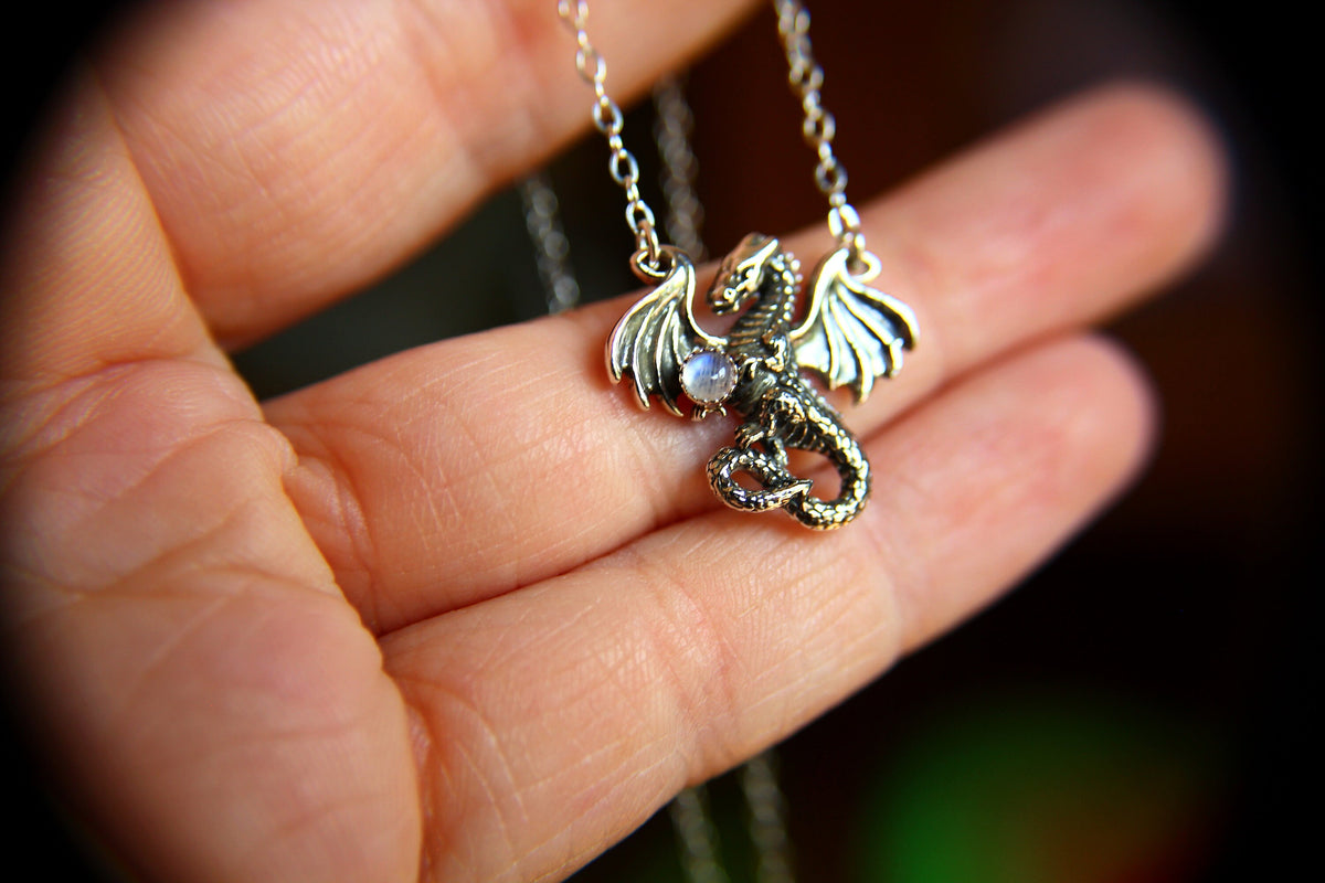 Dragon Necklace, Dragon Pendant Necklace, Mythology Necklace, Dragon Necklace, Mythology Creature, Dragon Hold Orb, Moonstone, Gift