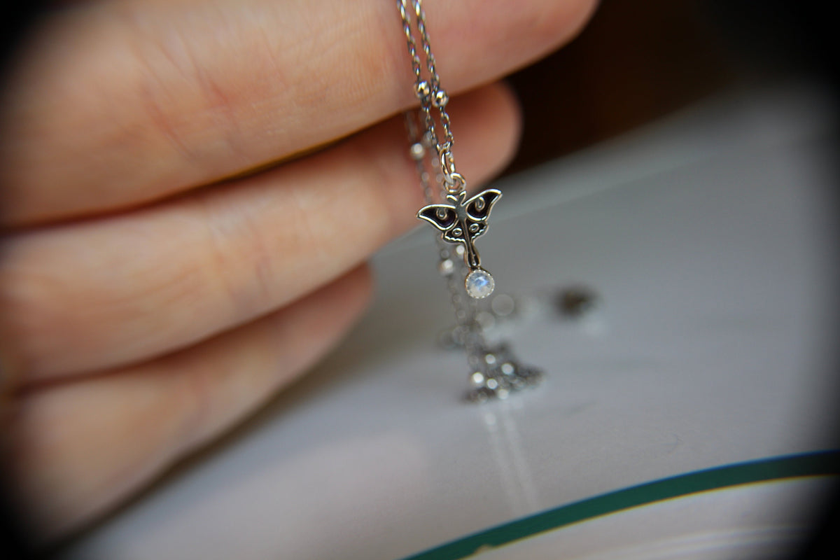 Sterling Tiny Luna Moth Charm Necklace, Small Moonstone Luna Moth Necklace, Silver Small Luna Moth Necklace, Luna Moth Necklace, Gift