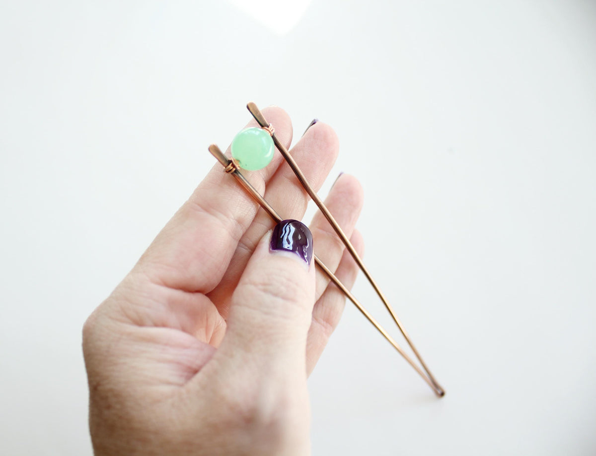 Jade Copper Hair Fork, Jade Hair Pin, Natural Jade Bead, V Shaped Hair Pin, Natural Jade Gemstone Hair Stick, Jade Jewelry, Jade, Gift