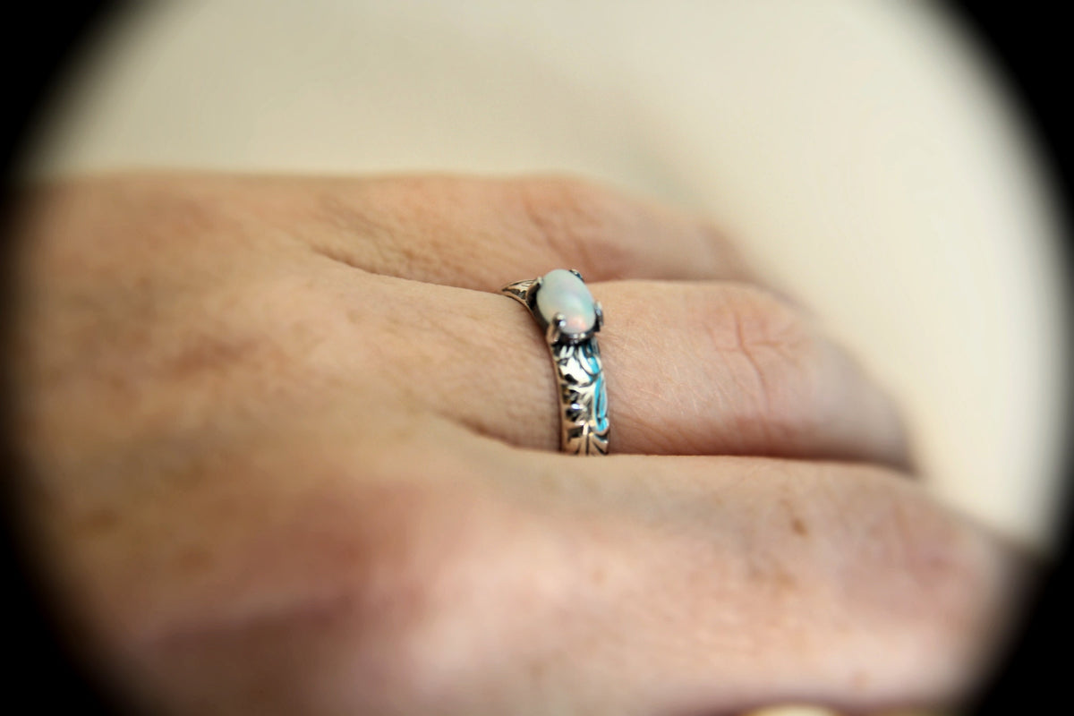 Floral Opal Ring, Floral Band Ring, Prong Setting Ring, Unique Design, Boho Ring, Oval Opal Ring, Opal Stacking Rings, Wide Band Ring