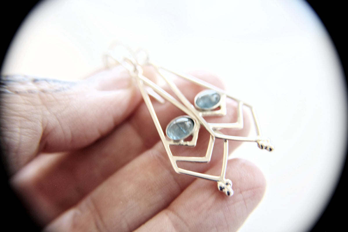 Aquamarine Sterling Silver Filigree Earring, Geometric Earring, Boho Earrings, Simple Chic Earrings,Modern Style Filigree Earring,Aquamarine
