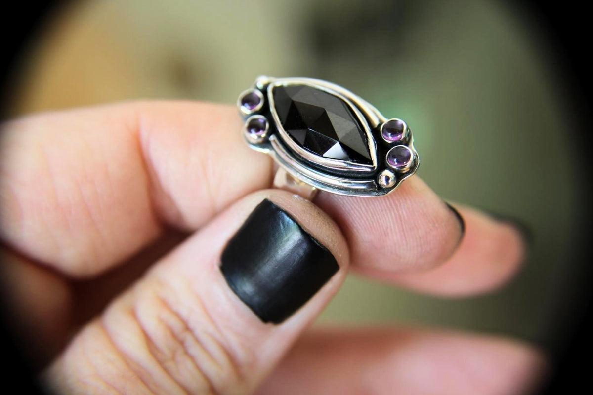Rosecut Marquise Black Onyx Ring, Rose Cut Black Onyx and Amethyst Ring, Large statement Ring, Custom Build with Your Choice Stones, Gift