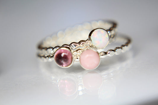 Opal Stacking Ring Set, Tourmaline Stacking Ring Set, Coral Stacking Ring Set, Natural Gemstone Rings, Pinks, Gemstone Stacking Rings