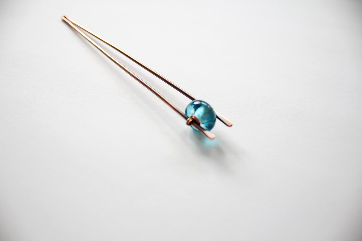 Blue Lampwork Glass Copper Hair Fork, Lampwork Glass Hair Pin, Blue Lampwork Glass Bead, V Shaped Hair Pin, Lampwork Glass Hair Stick, Gift