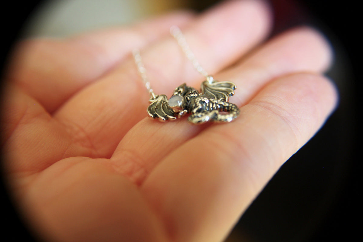 Dragon Necklace, Dragon Pendant Necklace, Mythology Necklace, Dragon Necklace, Mythology Creature, Dragon Hold Orb, Moonstone, Gift