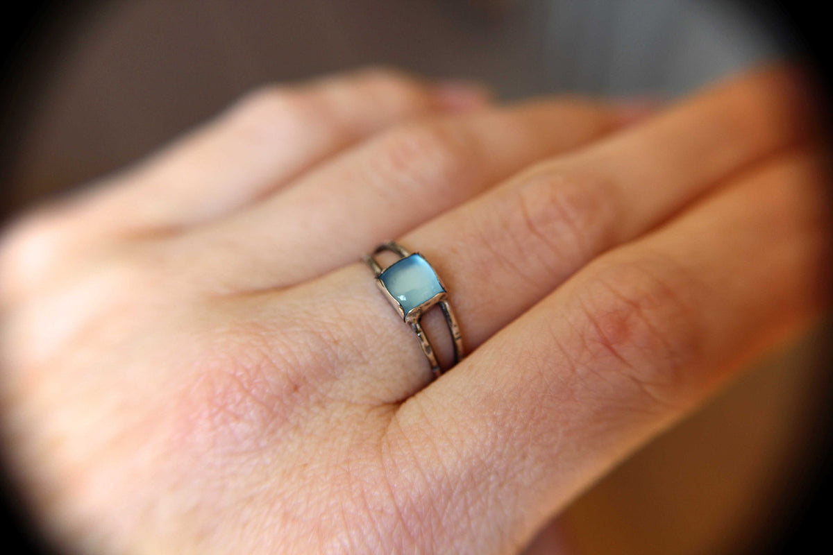 Chalcedony Double Band Ring, Square Chalcedony Ring, Textured Ring with Chalcedony, Blue Chalcedony, Aqua Chalcedony, Double Band Ring, Gift