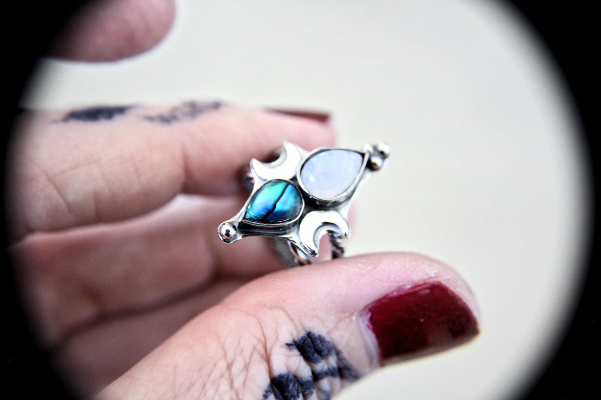 Triple Goddess Ring, Goddess Ring, Rainbow Moonstone Ring, Abalone Shell Ring, Double Moon Ring, Goddess Jewelry, Celestial Moon Ring, Gift