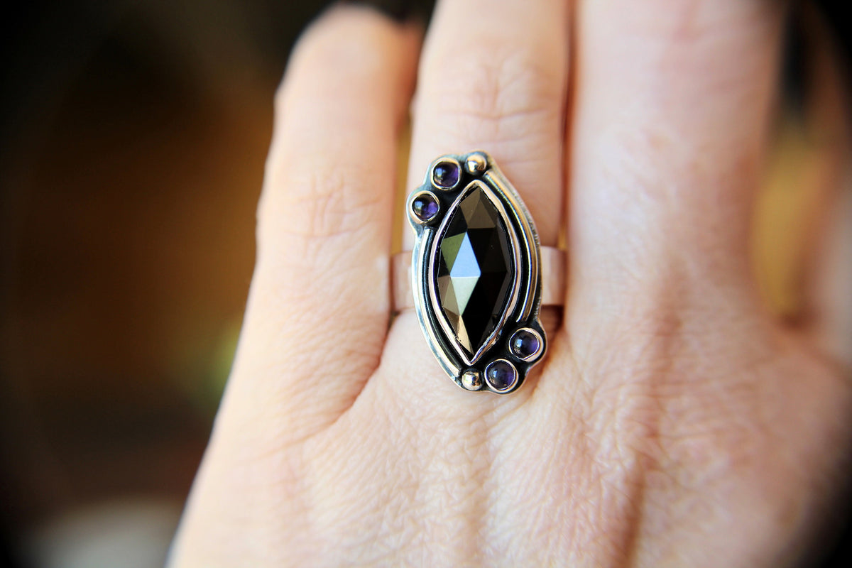 Rosecut Marquise Black Onyx Ring, Rose Cut Black Onyx and Amethyst Ring, Large statement Ring, Custom Build with Your Choice Stones, Gift