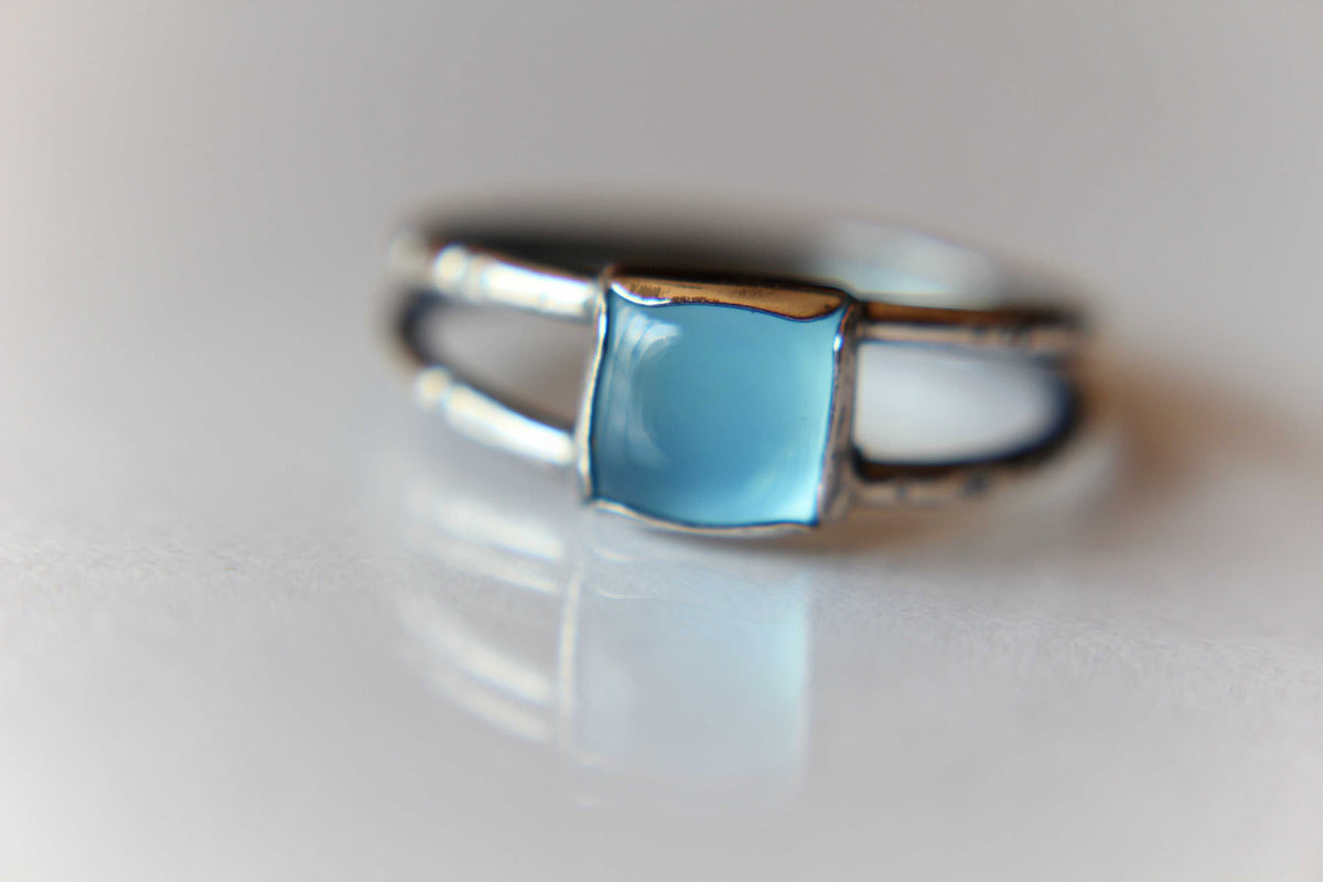 Chalcedony Double Band Ring, Square Chalcedony Ring, Textured Ring with Chalcedony, Blue Chalcedony, Aqua Chalcedony, Double Band Ring, Gift