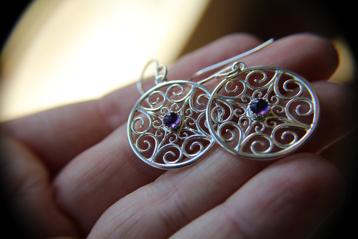 Sterling Silver Filigree Earring, Drop Earring, Amethyst Earrings, Boho Earrings, Simple Chic Earrings, Modern Style Filigree Earring