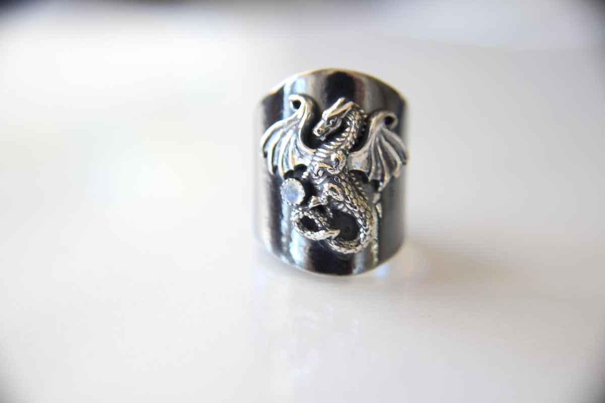 Dragon Ring, Dragon Shield Ring, Mythology Ring, Dragon Jewelry, Mythology Creature, Dragon Holding Orb, Moonstone, Large Dragon Ring, Gift
