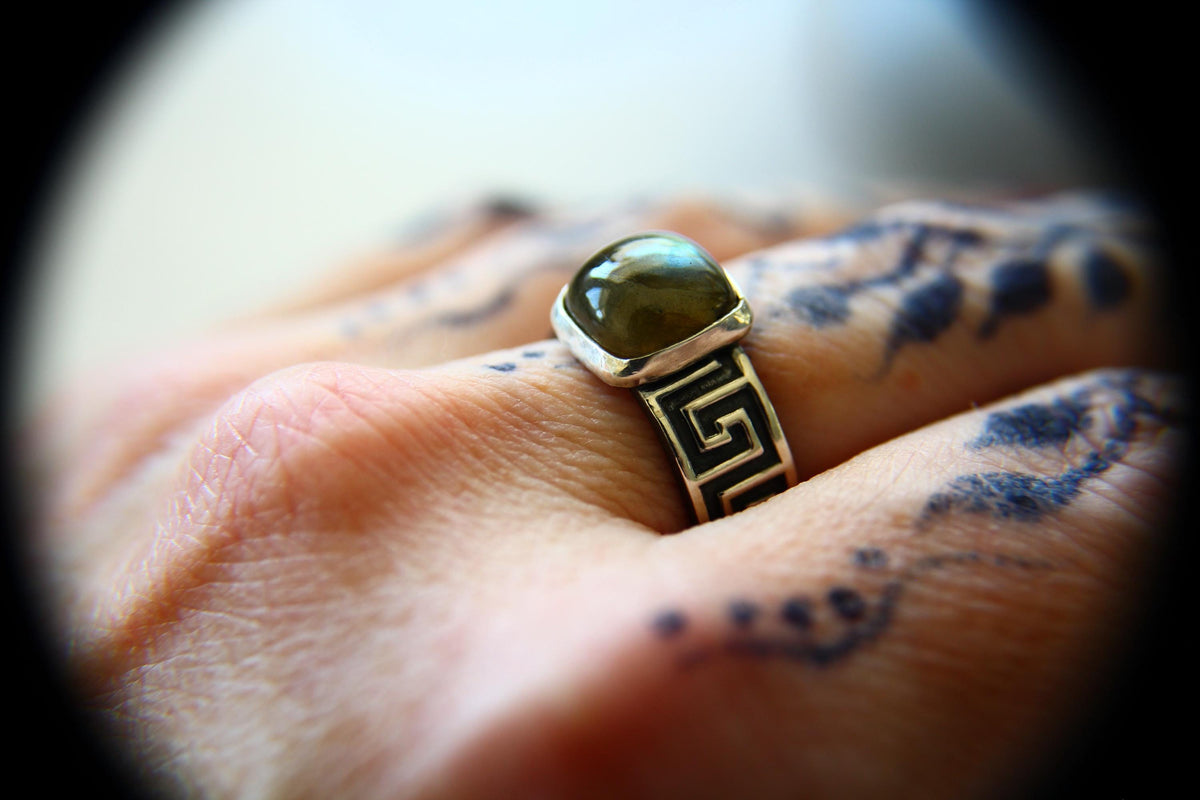 Square Labradorite Ring, Natural Labradorite Ring, Labradorite Ring, Boho Ring, Stacking Ring, Pattern Band, Boho Ring, Natural, Gift