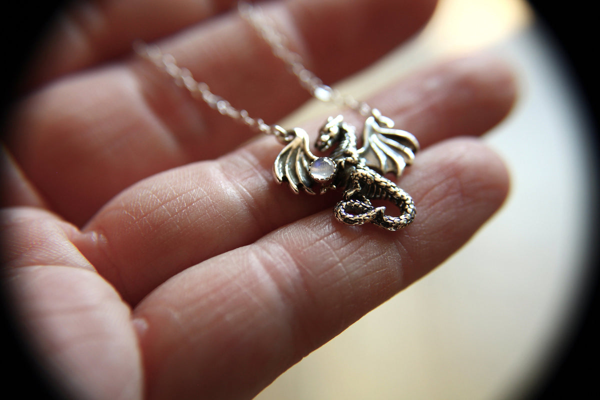 Dragon Necklace, Dragon Pendant Necklace, Mythology Necklace, Dragon Necklace, Mythology Creature, Dragon Hold Orb, Moonstone, Gift