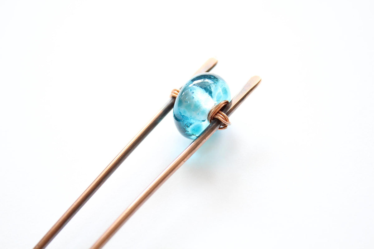 Blue Lampwork Glass Copper Hair Fork, Lampwork Glass Hair Pin, Blue Lampwork Glass Bead, V Shaped Hair Pin, Lampwork Glass Hair Stick, Gift