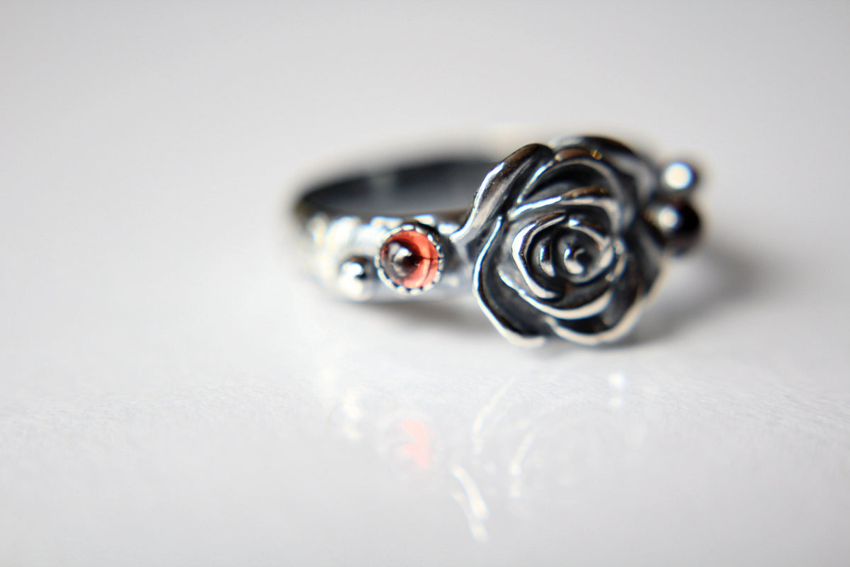 Rose Ring, Garnet Floral Ring, Garnet Rose Ring, Rose Jewelry, Rose Flower Ring, Sterling Silver Rose Ring, Flower Ring, Flower Jewelry,Gift