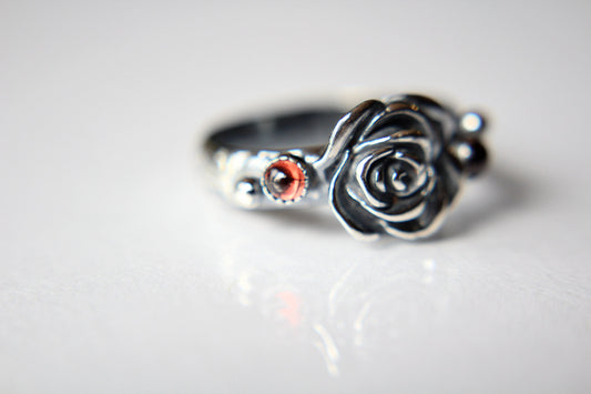 Rose Ring, Garnet Floral Ring, Garnet Rose Ring, Rose Jewelry, Rose Flower Ring, Sterling Silver Rose Ring, Flower Ring, Flower Jewelry,Gift