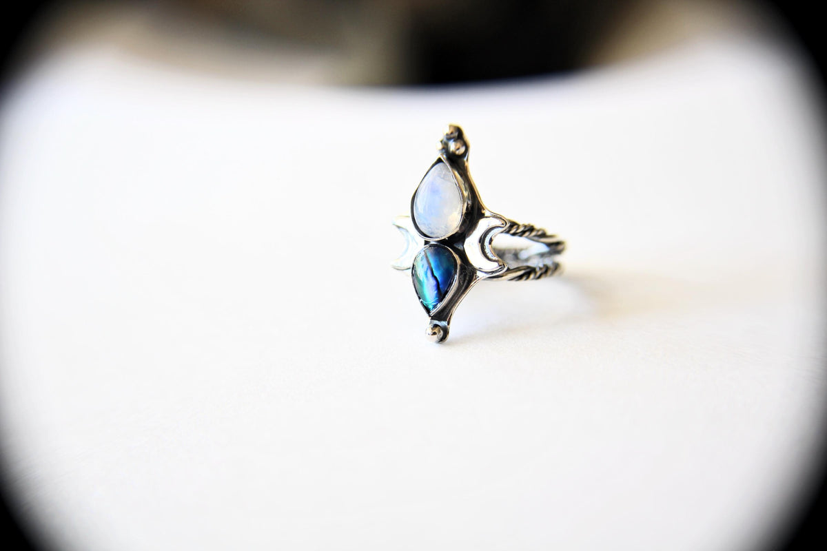 Triple Goddess Ring, Goddess Ring, Rainbow Moonstone Ring, Abalone Shell Ring, Double Moon Ring, Goddess Jewelry, Celestial Moon Ring, Gift