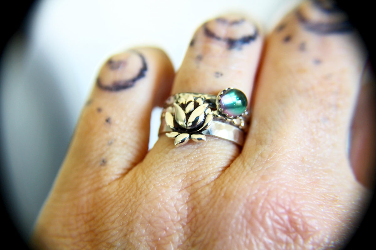 Lotus Ring Set, Lotus Flower Ring, Yoga Ring, Zen Ring Set, Yoga Jewelry,Rainbow Topaz Ring,Gift,Sterling Rings, Lotus Ring Stack,Topaz Ring
