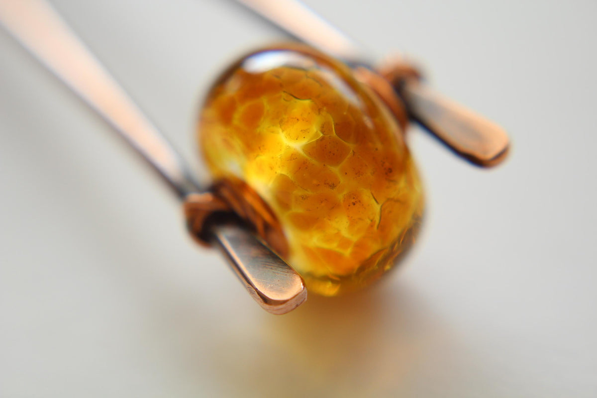 Golden Lampwork Glass Copper Hair Fork, Lampwork Glass Hair Pin, Golden Lampwork Glass Bead, V Shaped Hair Pin, Lampwork Glass Hair Stick