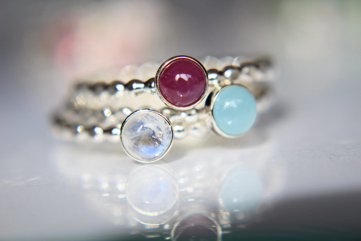 Moonstone Stacking Ring Set, Ruby Stacking Ring Set, Aquamarine Stacking Ring Set, Natural Gemstone Rings, Multicolored, Gem Stacking Rings