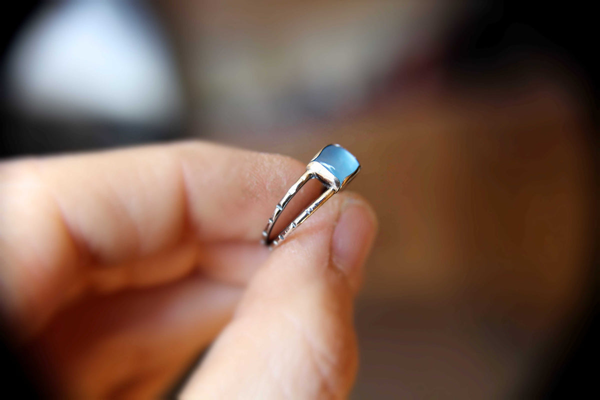 Chalcedony Double Band Ring, Square Chalcedony Ring, Textured Ring with Chalcedony, Blue Chalcedony, Aqua Chalcedony, Double Band Ring, Gift