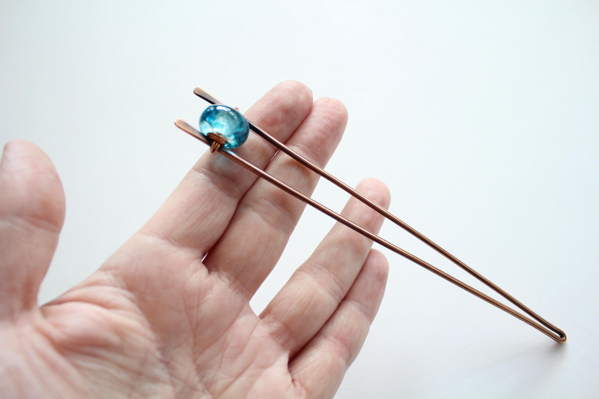 Blue Lampwork Glass Copper Hair Fork, Lampwork Glass Hair Pin, Blue Lampwork Glass Bead, V Shaped Hair Pin, Lampwork Glass Hair Stick, Gift
