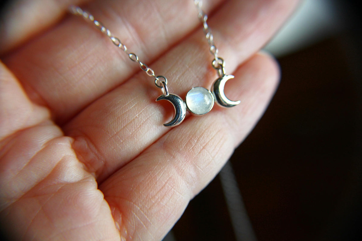 Triple Moon Goddess Necklace, Moon Phase Necklace, Goddess Jewelry, Moonstone Necklace, Wicca Jewelry, Lunar Phases, Crescent Moon Necklace
