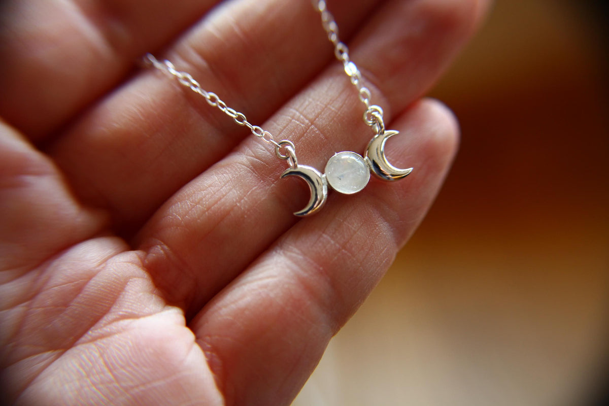 Triple Moon Goddess Necklace, Moon Phase Necklace, Goddess Jewelry, Moonstone Necklace, Wicca Jewelry, Lunar Phases, Crescent Moon Necklace