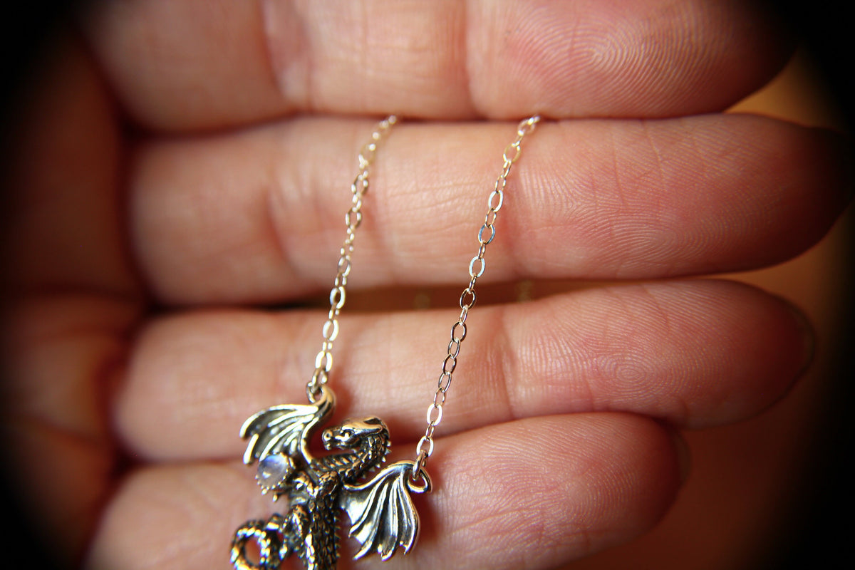 Dragon Necklace, Dragon Pendant Necklace, Mythology Necklace, Dragon Necklace, Mythology Creature, Dragon Hold Orb, Moonstone, Gift