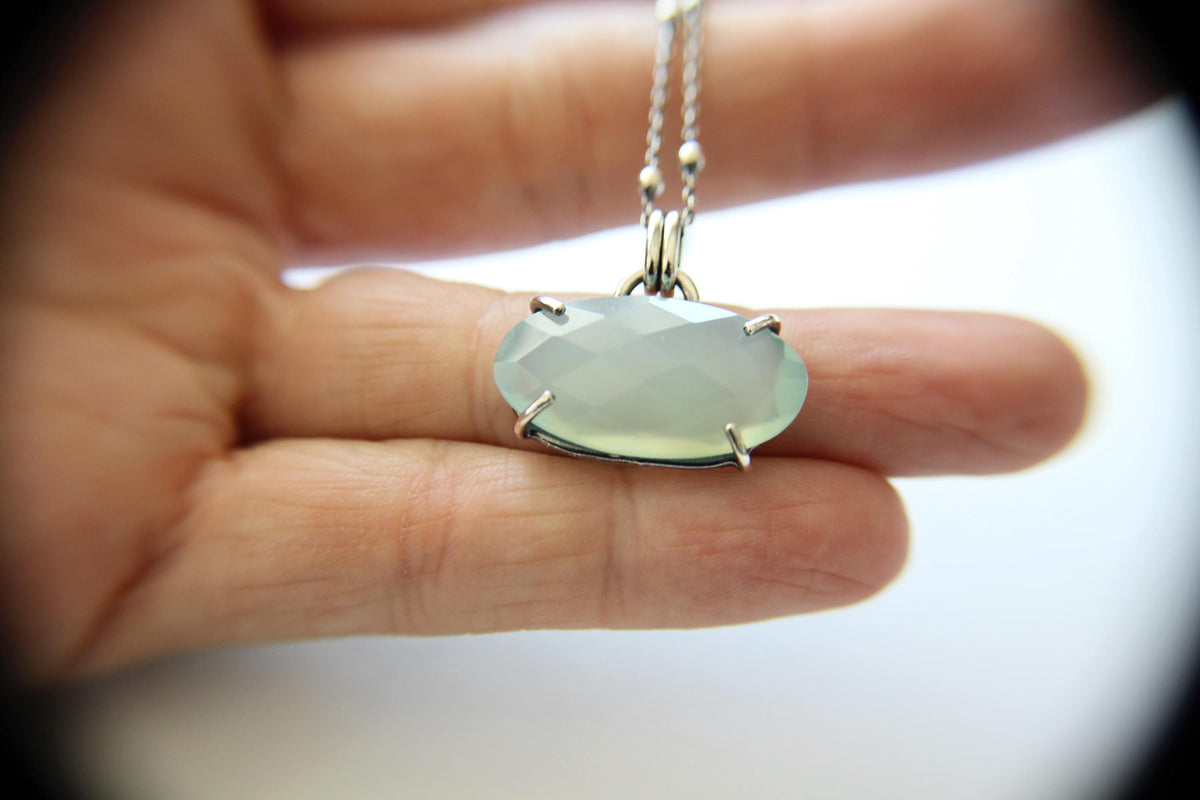 Oval Aqua Chalcedony Necklace, Chalcedony Necklace, Oval Chalcedony, Aqua Gemstone, Sea Blue Chalcedony, Chalcedony Pendant Necklace, Gift