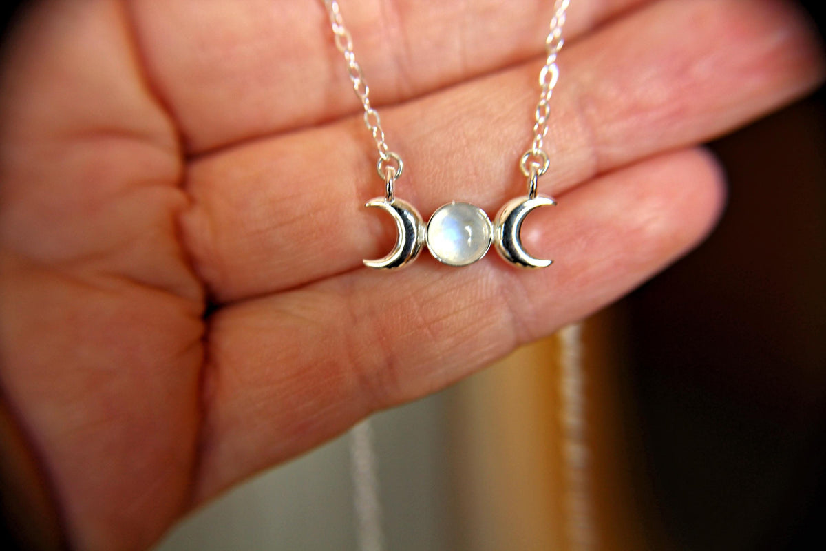 Triple Moon Goddess Necklace, Moon Phase Necklace, Goddess Jewelry, Moonstone Necklace, Wicca Jewelry, Lunar Phases, Crescent Moon Necklace