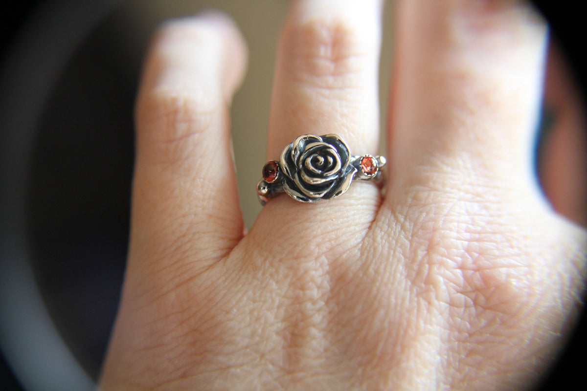 Rose Ring, Garnet Floral Ring, Garnet Rose Ring, Rose Jewelry, Rose Flower Ring, Sterling Silver Rose Ring, Flower Ring, Flower Jewelry,Gift