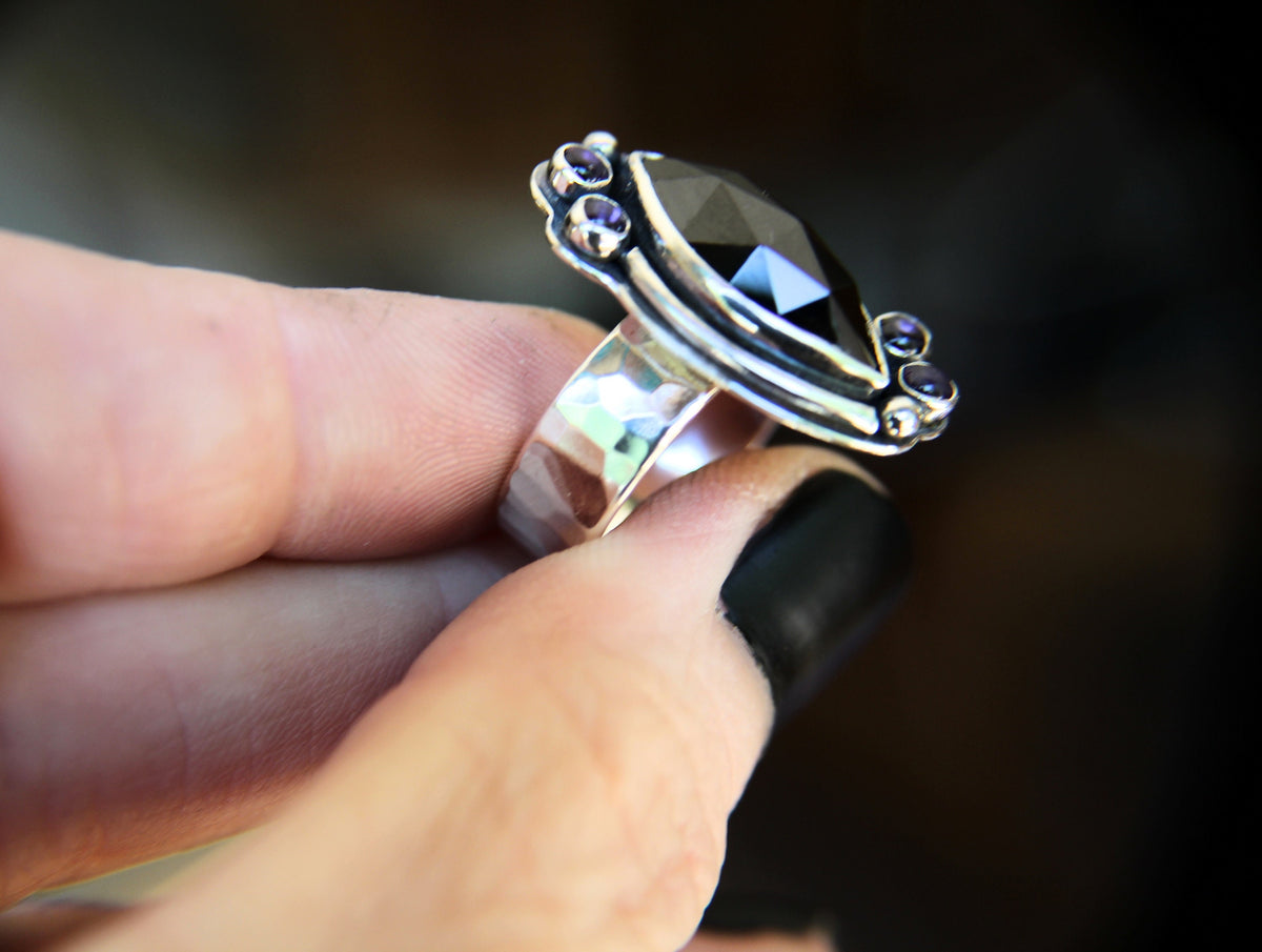 Rosecut Marquise Black Onyx Ring, Rose Cut Black Onyx and Amethyst Ring, Large statement Ring, Custom Build with Your Choice Stones, Gift