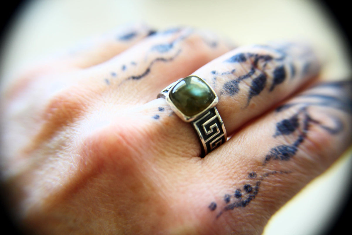 Square Labradorite Ring, Natural Labradorite Ring, Labradorite Ring, Boho Ring, Stacking Ring, Pattern Band, Boho Ring, Natural, Gift