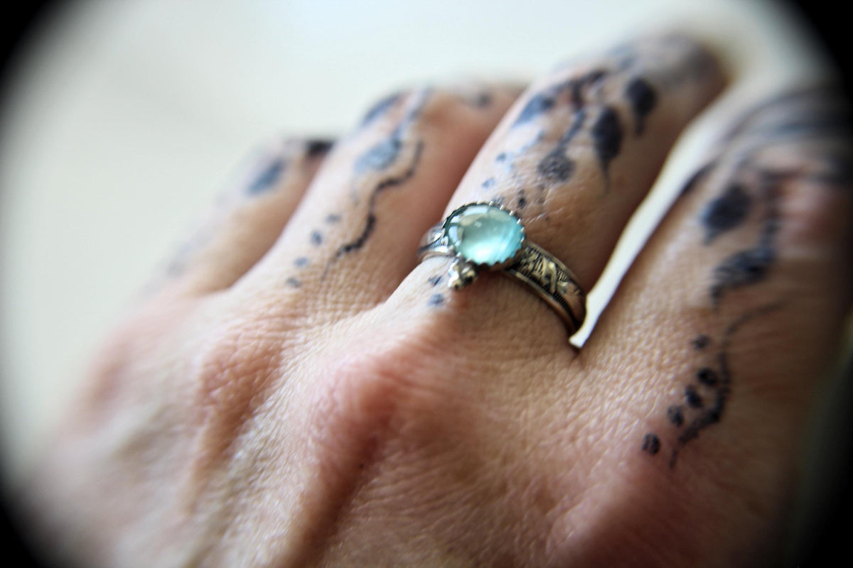 Oval Aquamarine Floral Stacking Ring, Aquamarine Ring, Natural Gemstone Ring, March Birthstone, Aquamarine, Gemstone Stacking Ring,Aqua,Gift