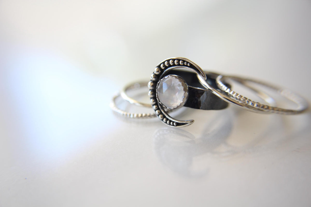 Crescent Moon Ring Set, Moonstone Ring, Crescent Moon Ring, Faceted Moonstone Ring, Beaded Moon Ring, Crescent Moon, Moon Jewelry,Moonstone