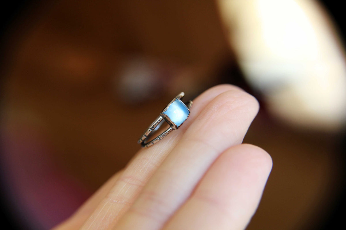Chalcedony Double Band Ring, Square Chalcedony Ring, Textured Ring with Chalcedony, Blue Chalcedony, Aqua Chalcedony, Double Band Ring, Gift
