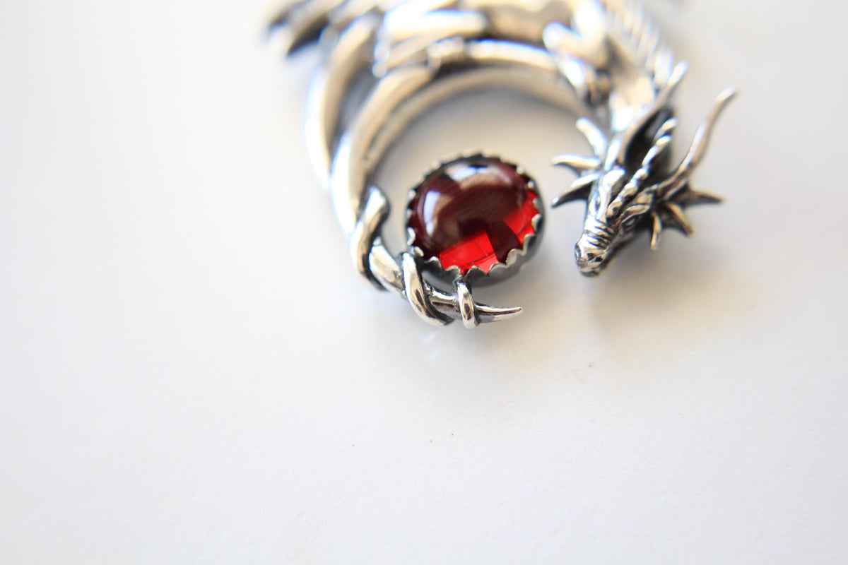 Garnet Dragon Necklace, Dragon Pendant Necklace, Mythology Necklace, Dragon Necklace, Mythology Creature, Dragon Hold Orb, Garnet, Gift