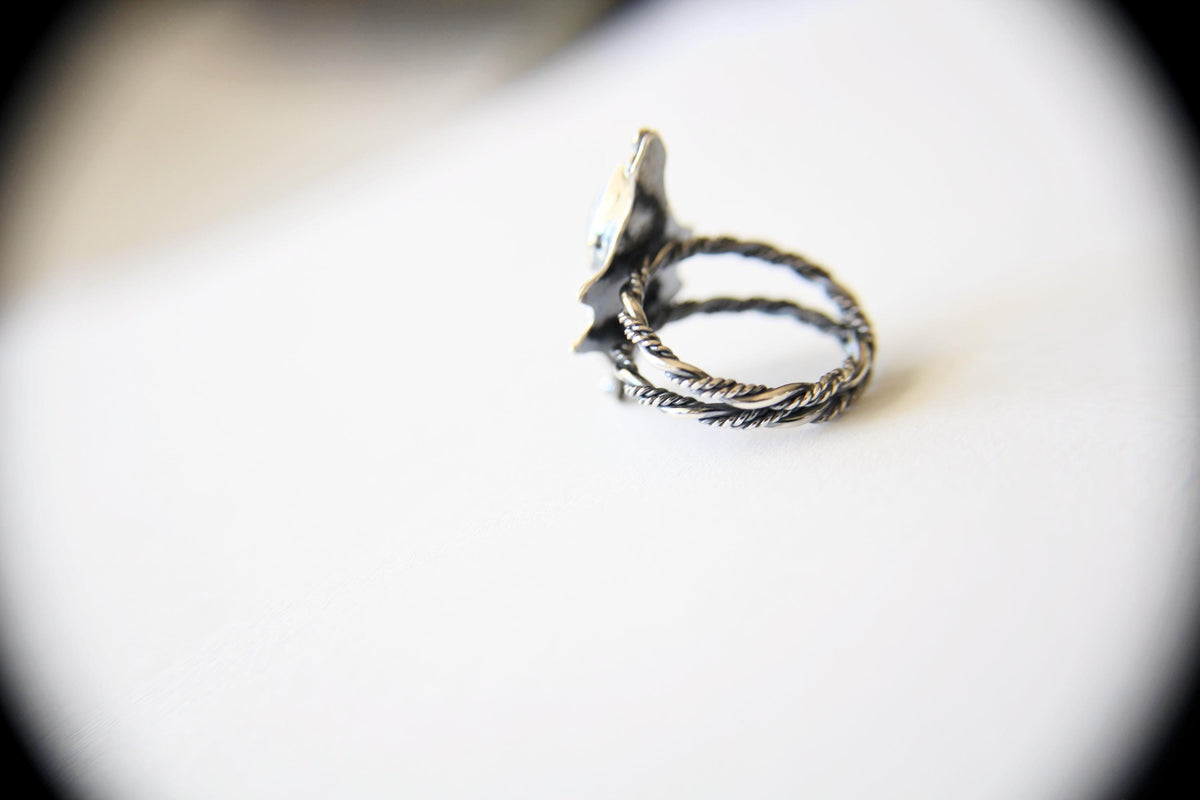 Triple Goddess Ring, Goddess Ring, Rainbow Moonstone Ring, Abalone Shell Ring, Double Moon Ring, Goddess Jewelry, Celestial Moon Ring, Gift