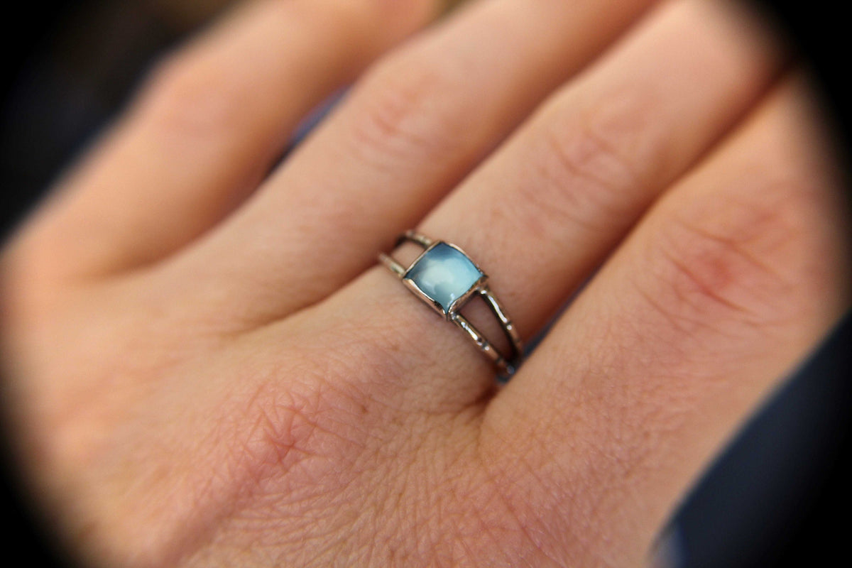 Chalcedony Double Band Ring, Square Chalcedony Ring, Textured Ring with Chalcedony, Blue Chalcedony, Aqua Chalcedony, Double Band Ring, Gift