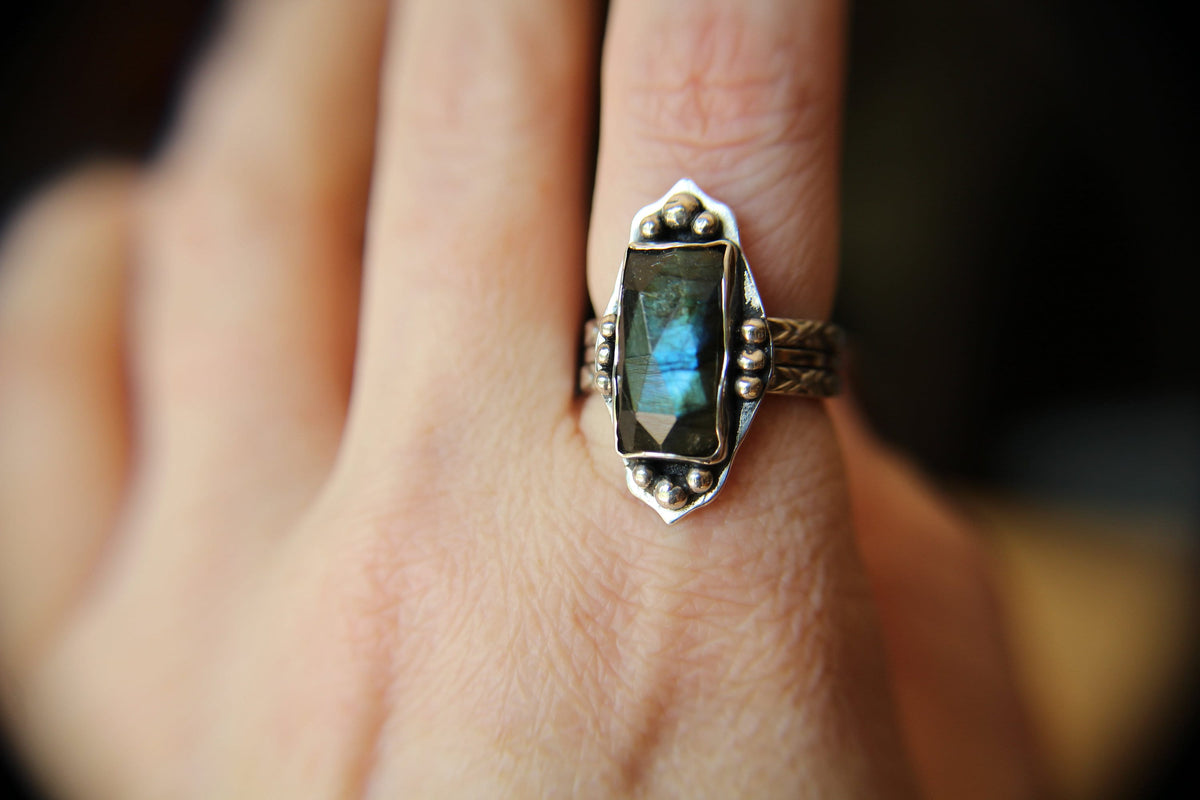 Rectangle Labradorite Ring, Rose Cut Rectangle Labradorite Ring, Large Statement Ring, Rectangle Rose Cut Rectangle Ring, Labradorite Ring