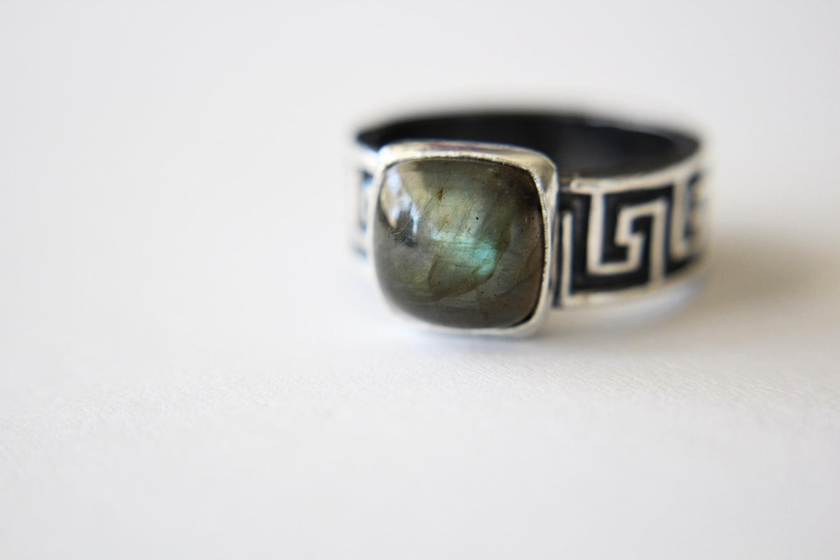 Square Labradorite Ring, Natural Labradorite Ring, Labradorite Ring, Boho Ring, Stacking Ring, Pattern Band, Boho Ring, Natural, Gift