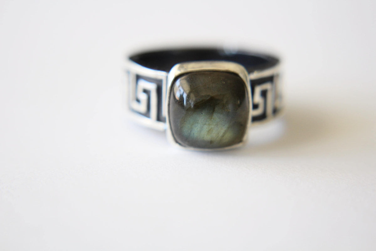 Square Labradorite Ring, Natural Labradorite Ring, Labradorite Ring, Boho Ring, Stacking Ring, Pattern Band, Boho Ring, Natural, Gift