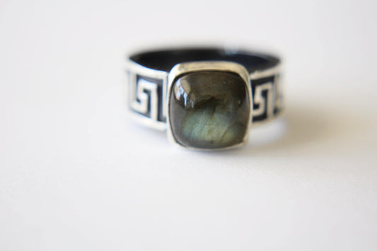 Square Labradorite Ring, Natural Labradorite Ring, Labradorite Ring, Boho Ring, Stacking Ring, Pattern Band, Boho Ring, Natural, Gift