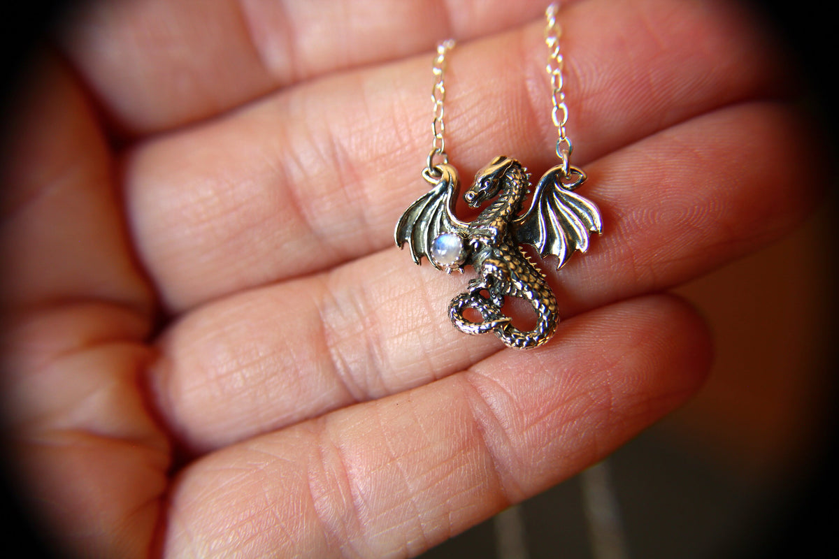 Dragon Necklace, Dragon Pendant Necklace, Mythology Necklace, Dragon Necklace, Mythology Creature, Dragon Hold Orb, Moonstone, Gift